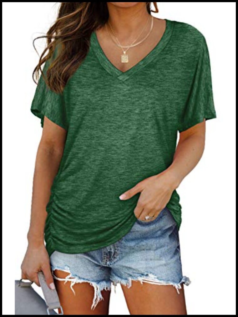 Womens Short Sleeve V Neck Dolman Top Loose Fit Side Shirring Tee